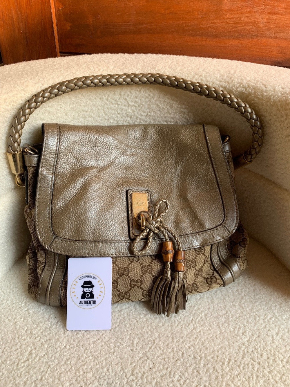 Authentic Gucci GG Bella Tassel bamboo shoulder bag